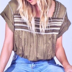 Free People Olive Bubble Top with embroidered smocking Size  XS